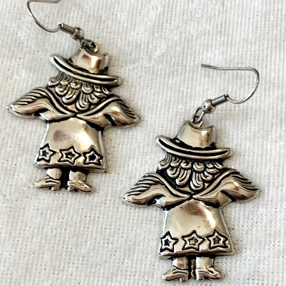 Vintage Silver Tone Cowgirl Angel Earrings